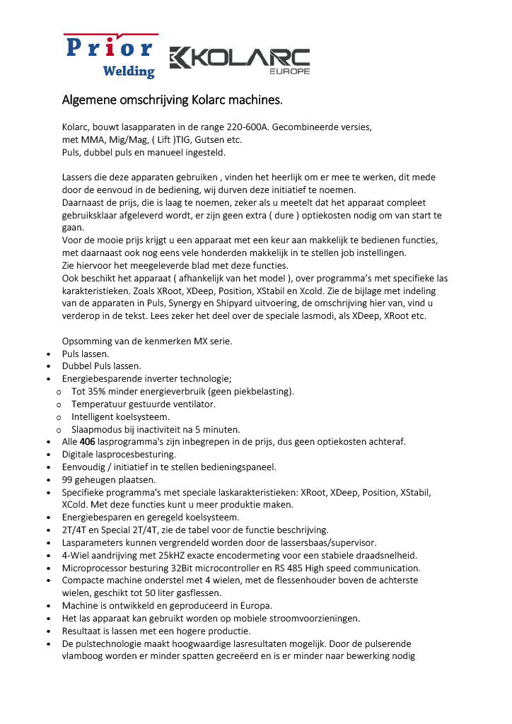 Omschrijving functies MX en KM serie lasapparaten
