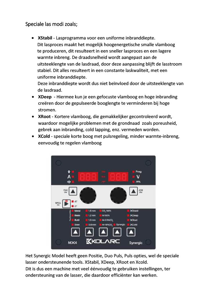 Omschrijving functies MX en KM serie lasapparaten